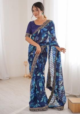 Blue Printed Marble Saree Set