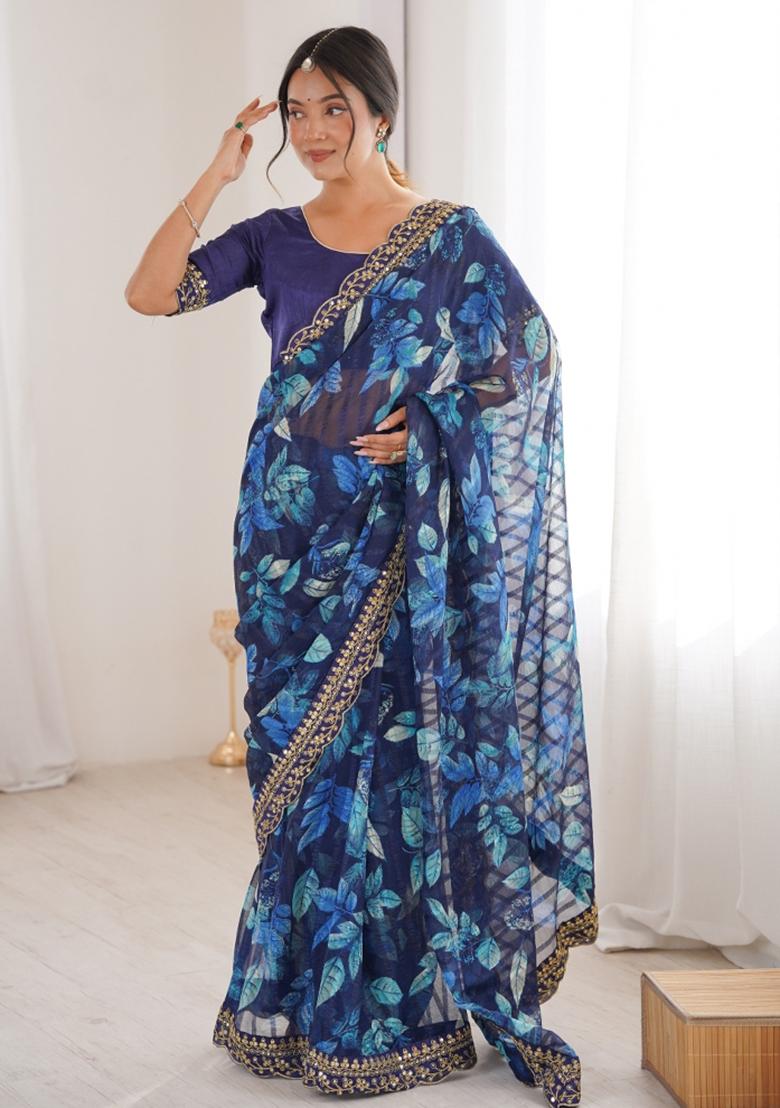 Blue Printed Marble Saree Set - Indya