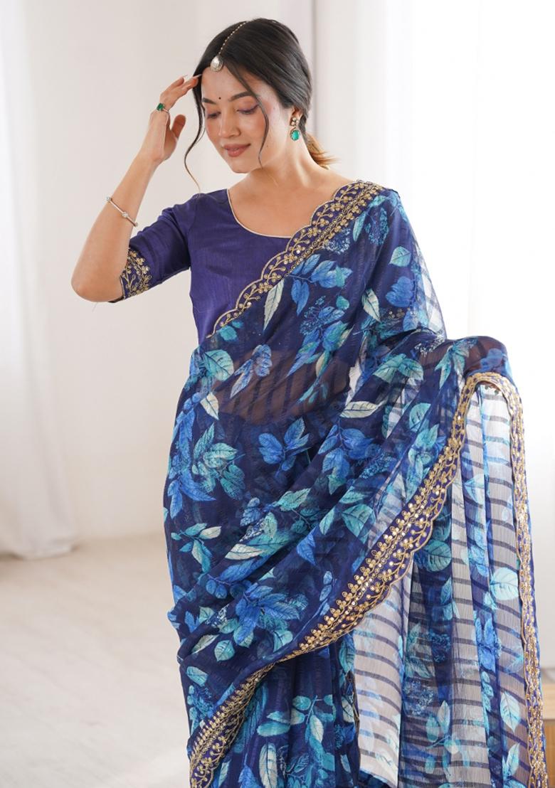 Blue Printed Marble Saree Set - Indya