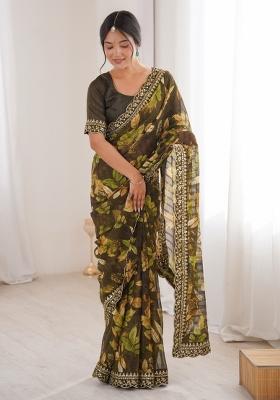 Mehendi Printed Marble Saree Set