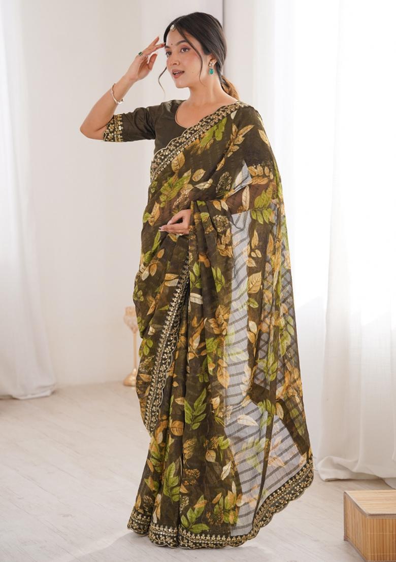 Mehendi Printed Marble Saree Set - Indya