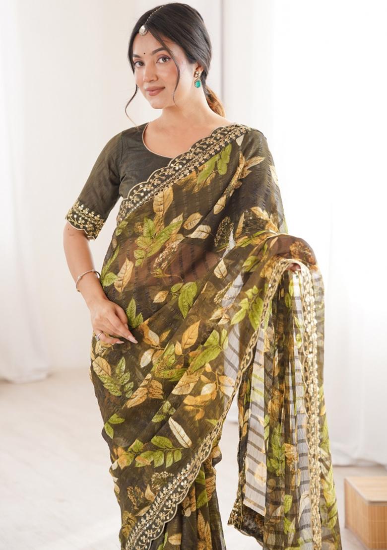 Mehendi Printed Marble Saree Set - Indya