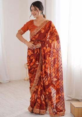 Orange Printed Marble Saree Set