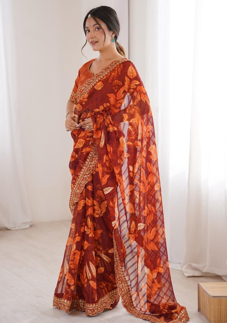 Orange Printed Marble Saree Set - Indya