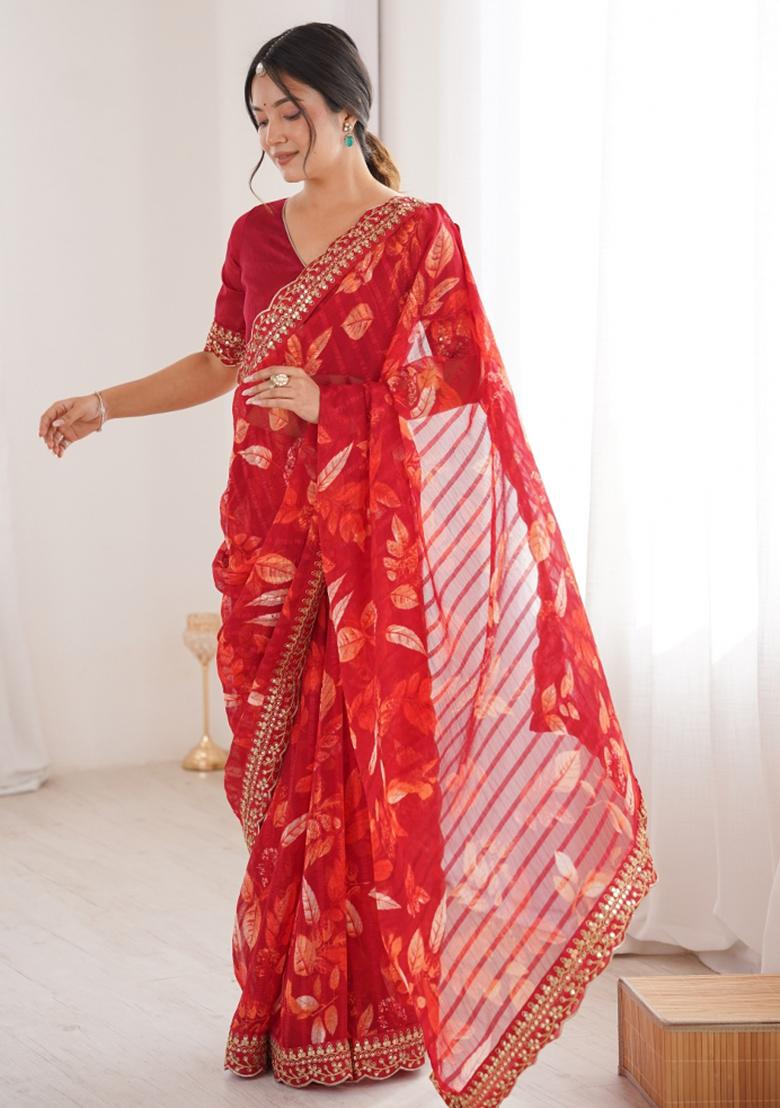 Red Printed Marble Saree Set - Indya