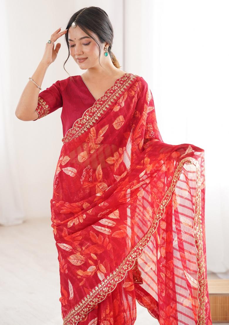 Red Printed Marble Saree Set - Indya