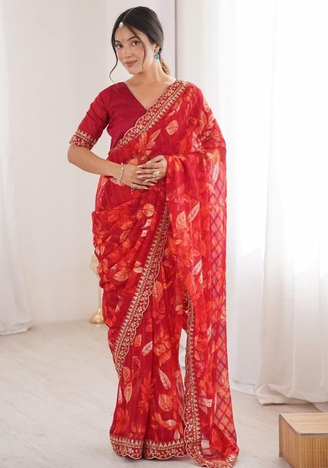 Red Printed Marble Saree Set — view on Indya