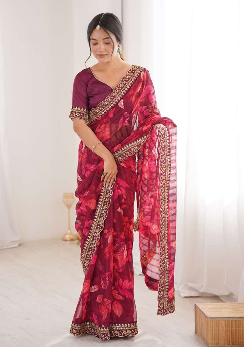 Wine Marble Saree Set with Printed for Diwali | Wedding & Festive Wear - Indya