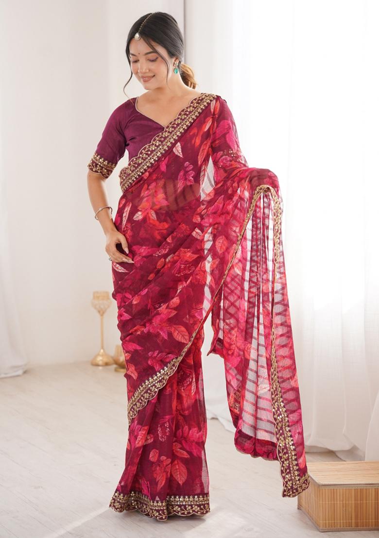 Wine Printed Marble Saree Set - Indya
