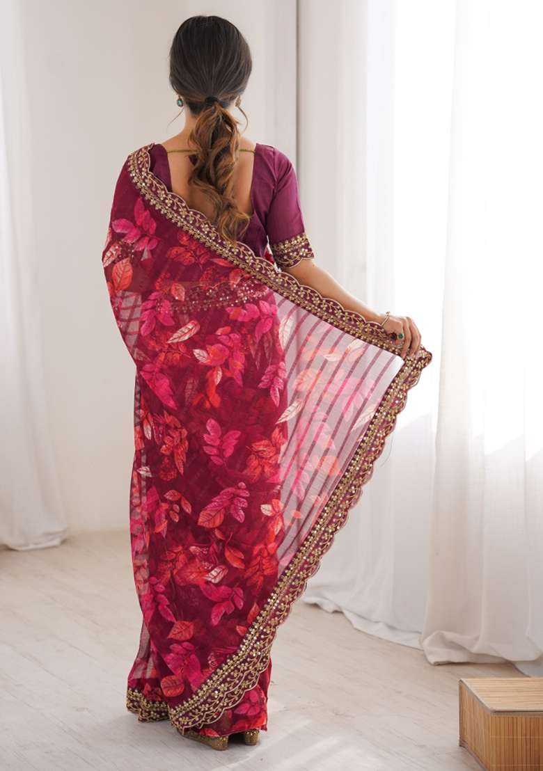 Wine Marble Saree Set with Printed for Diwali | Wedding & Festive Wear - Indya