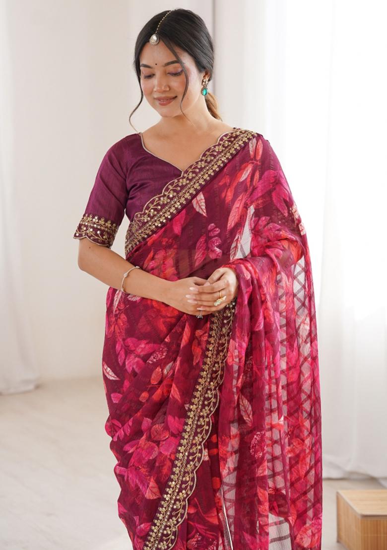 Wine Printed Marble Saree Set - Indya