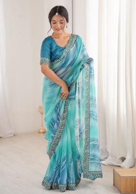 Sky Blue Printed Georgette Saree Set