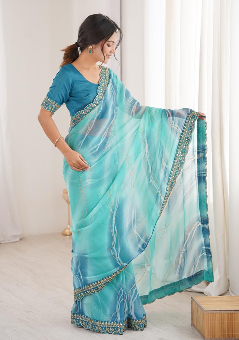 Sky Blue Printed Georgette Saree Set - Indya
