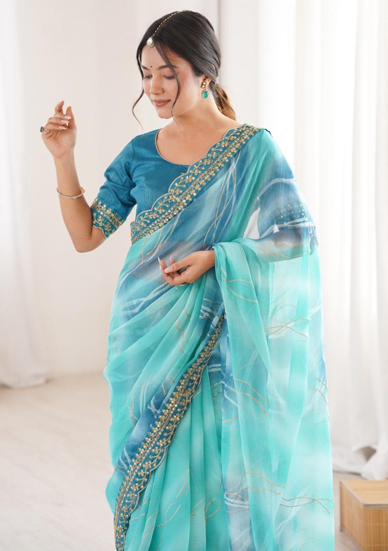Sky Blue Printed Georgette Saree Set - Indya