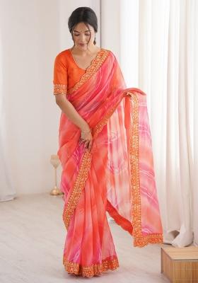 Orange Printed Georgette Saree Set
