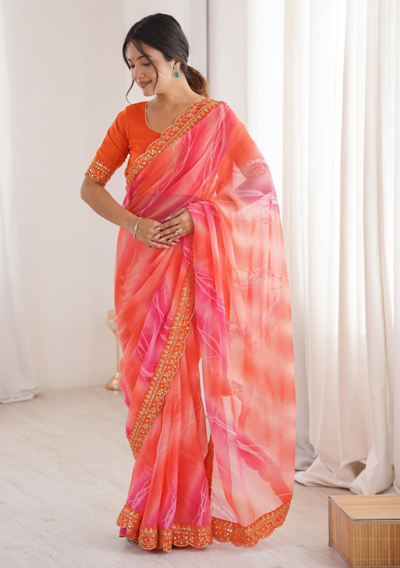 Orange Printed Georgette Saree Set - Indya