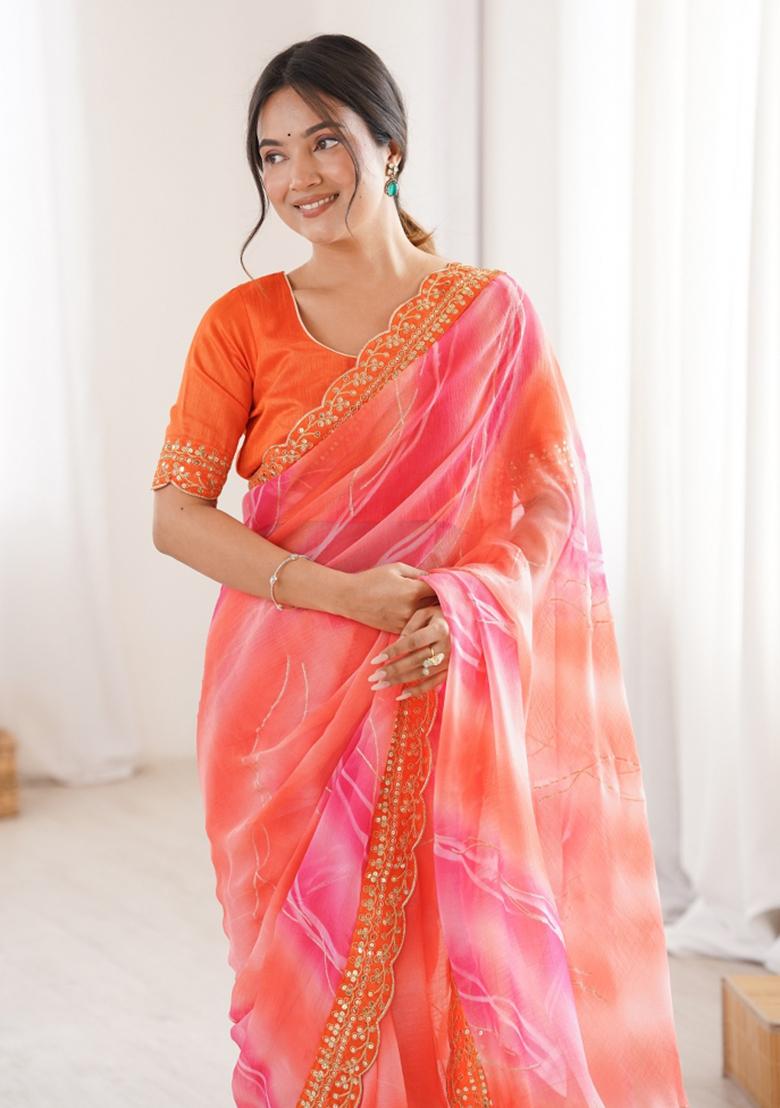 Orange Printed Georgette Saree Set - Indya