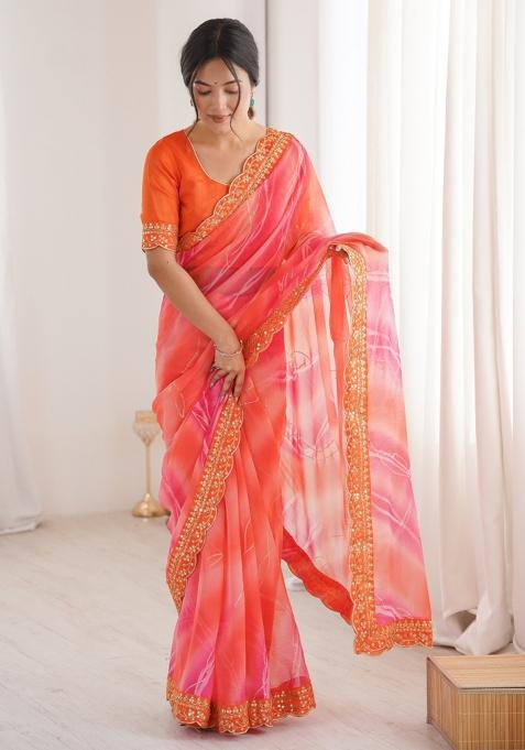 Orange Printed Georgette Saree Set — view on Indya