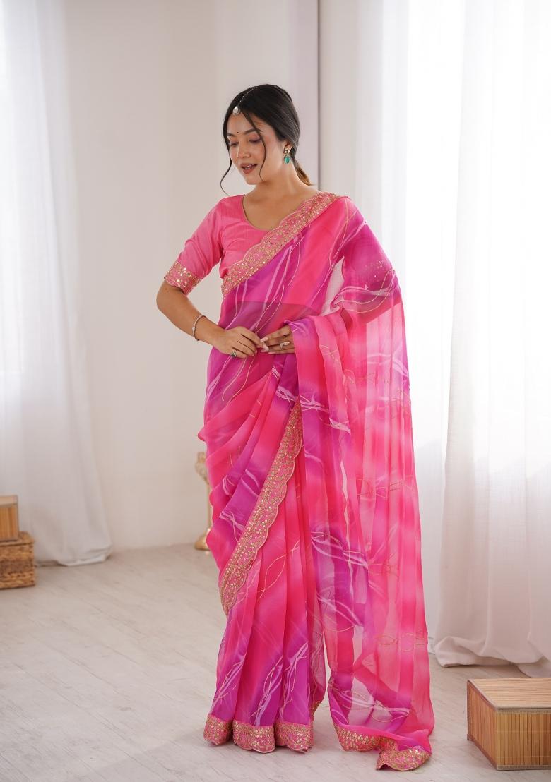 Pink Printed Georgette Saree Set - Indya