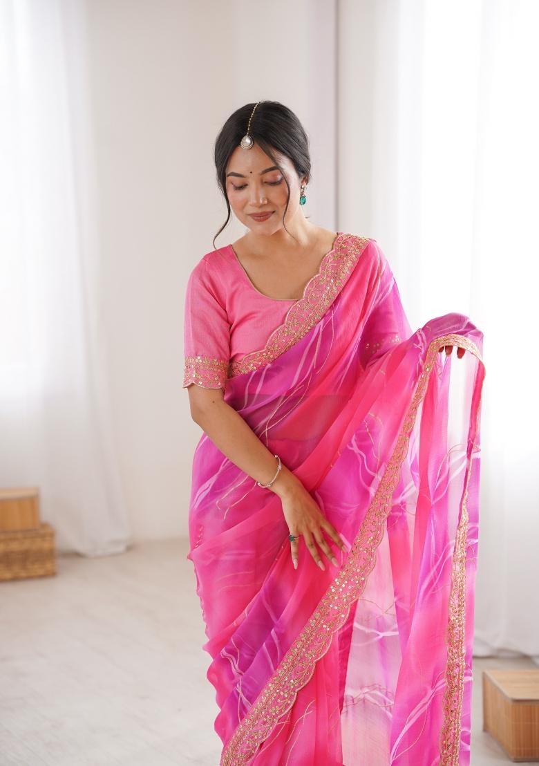 Pink Printed Georgette Saree Set - Indya