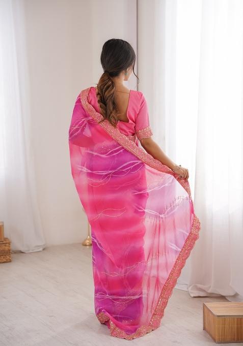 Pink Printed Georgette Saree Set — view on Indya