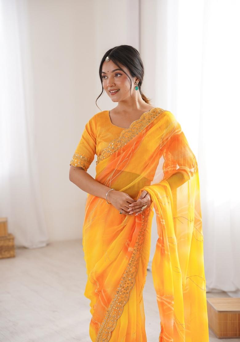 Yellow Printed Georgette Saree Set - Indya