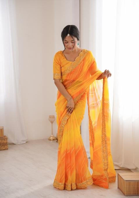 Yellow Printed Georgette Saree Set — view on Indya