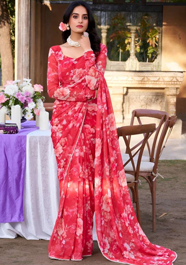 Red Georgette Saree Set with Floral Print for Diwali | Wedding & Festive Wear - Indya
