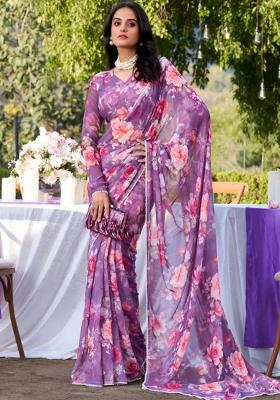 Purple Floral Print Georgette Saree Set