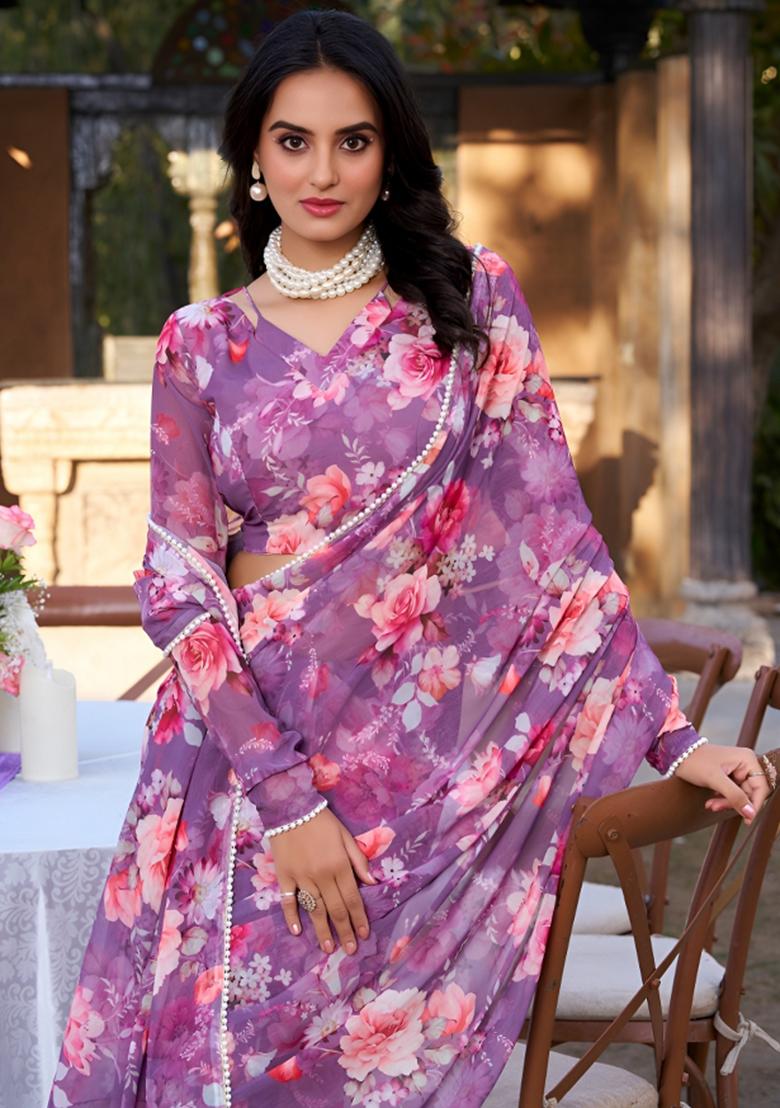Purple Floral Print Georgette Saree Set - Indya