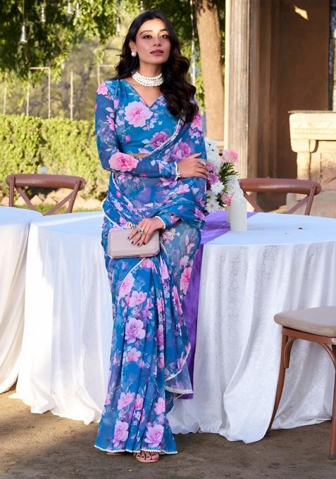 Blue Floral Print Georgette Saree Set — view on Indya