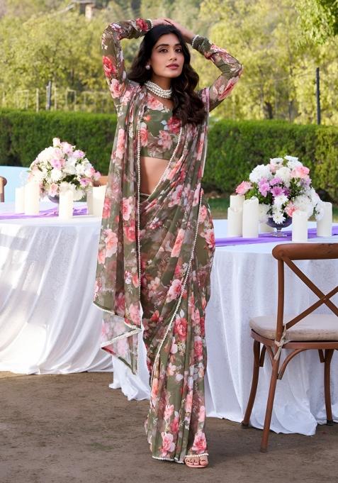 Green Floral Print Georgette Saree Set — view on Indya