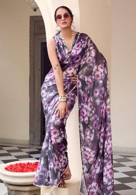 Purple Floral Print Georgette Saree Set