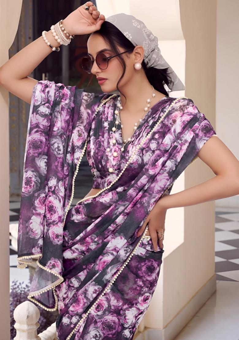 Purple Floral Print Georgette Saree Set - Indya