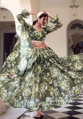 Green Floral Print Georgette Saree Set