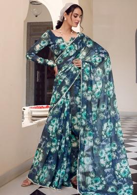 Teal Floral Print Georgette Saree Set