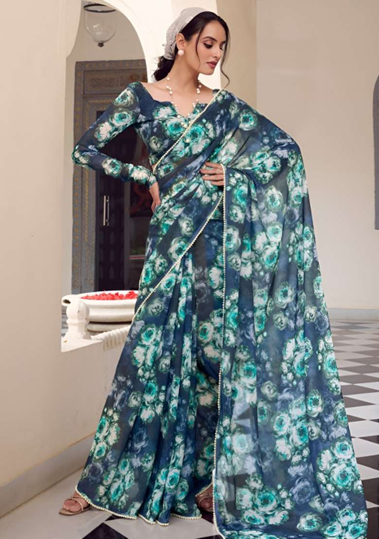 Teal Georgette Saree Set with Floral Print for Diwali | Wedding & Festive Wear - Indya