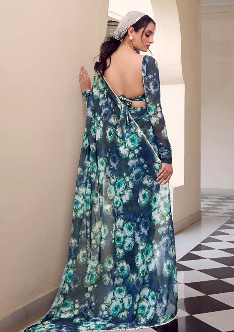 Teal Floral Print Georgette Saree Set - Indya