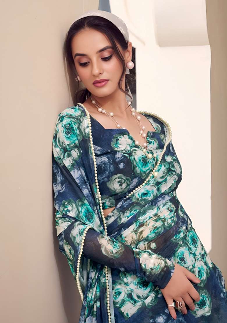 Teal Georgette Saree Set with Floral Print for Diwali | Wedding & Festive Wear - Indya
