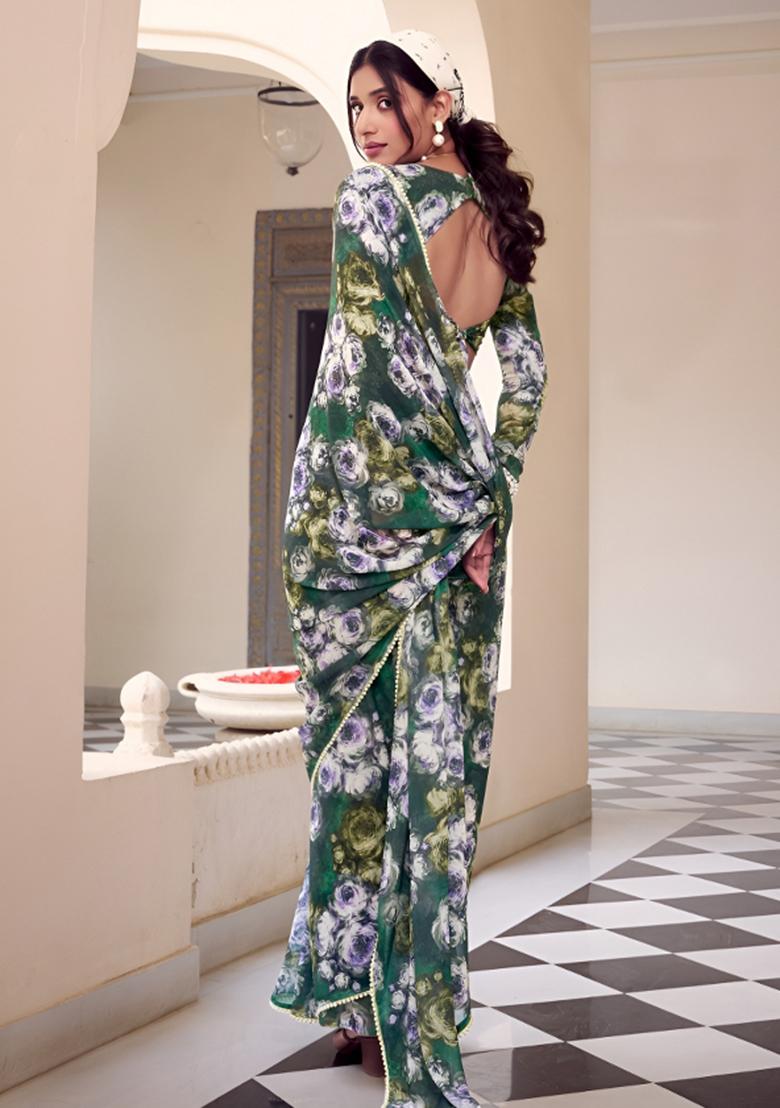 Rama Floral Print Georgette Saree Set - Indya