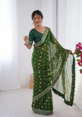 Green Printed Georgette Saree Set