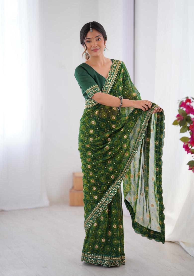 Green Printed Georgette Saree Set - Indya