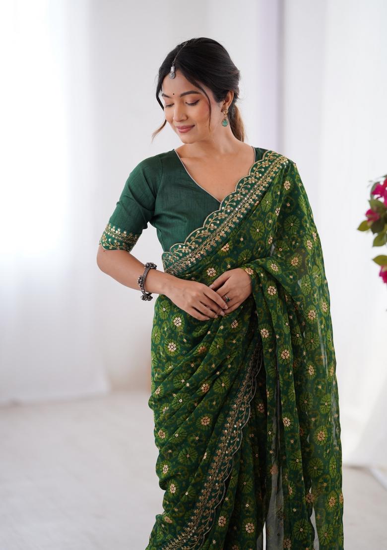Green Printed Georgette Saree Set - Indya