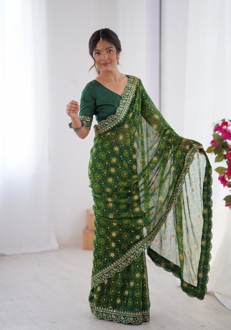 Green Printed Georgette Saree Set — view on Indya