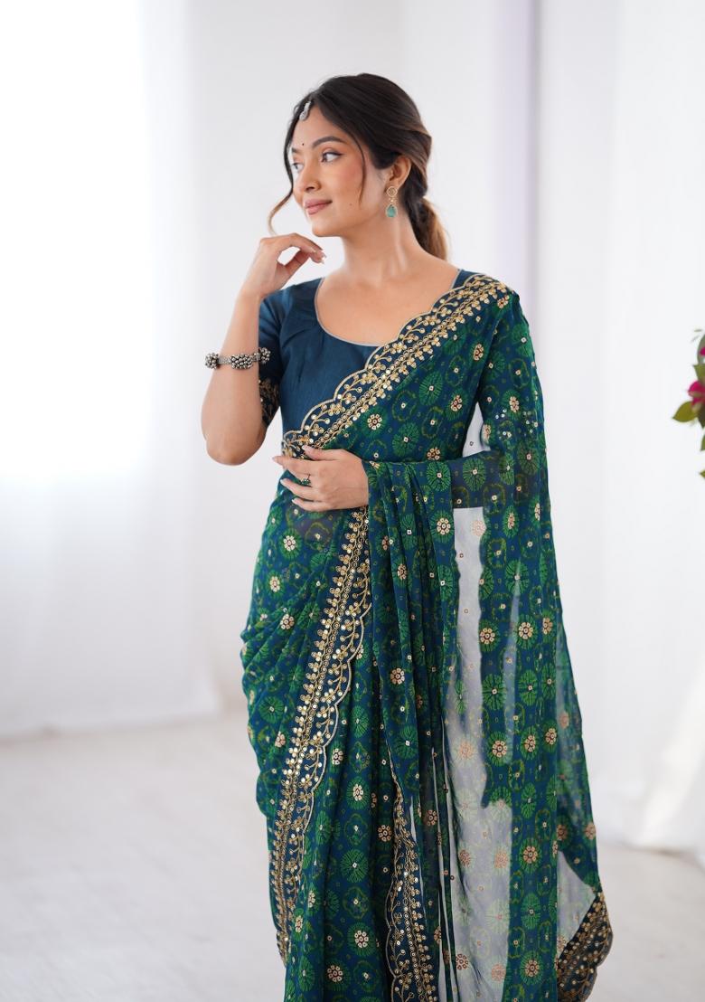 Petrol Printed Georgette Saree Set - Indya