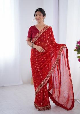 Red Printed Georgette Saree Set
