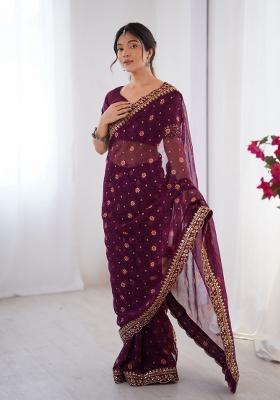 Wine Printed Georgette Saree Set