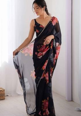 Black Printed Georgette Saree Set