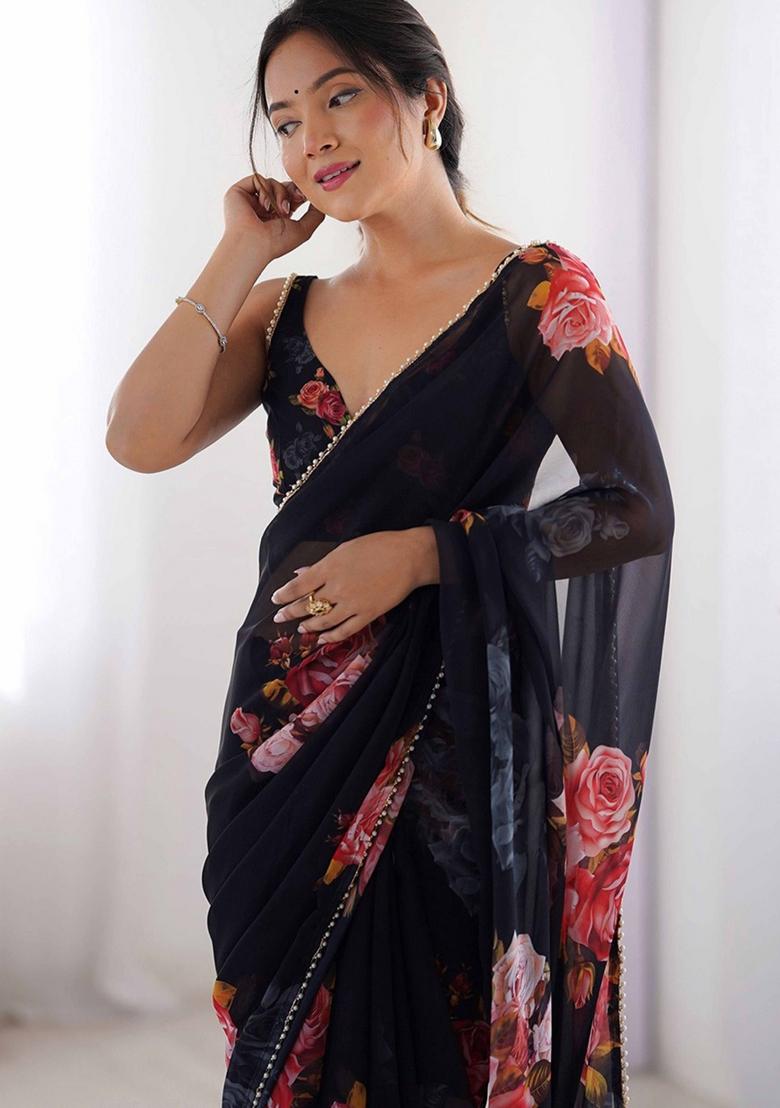 Black Printed Georgette Saree Set - Indya