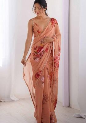 Peach Printed Georgette Saree Set